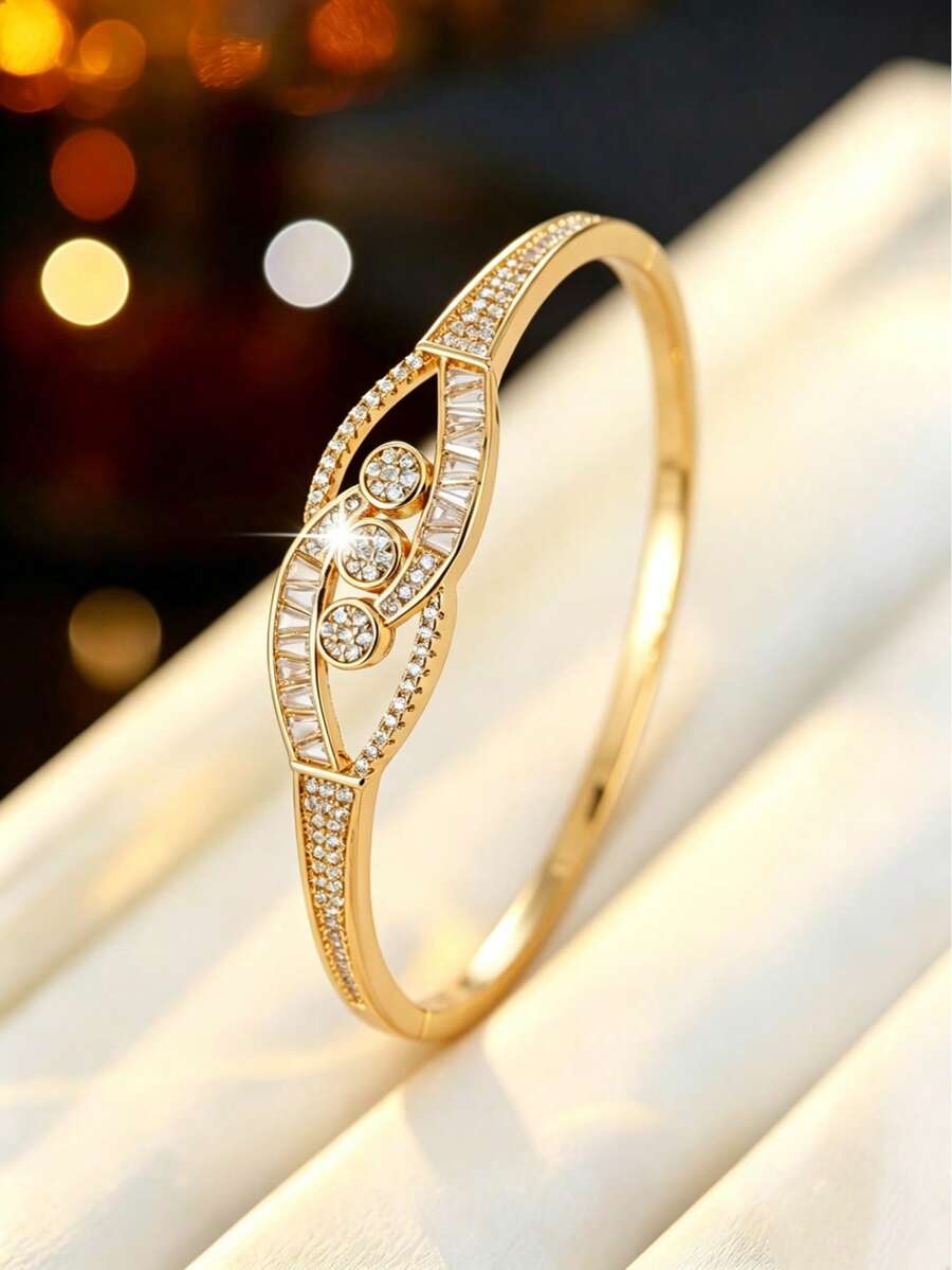 1 pieza Pulsera exquisita con incrustaciones de zirconia de líneas geométricas, diseño premium, adecuada para ir al trabajo, banquetes, fiestas, regalo y uso diario - pulsera - View 1