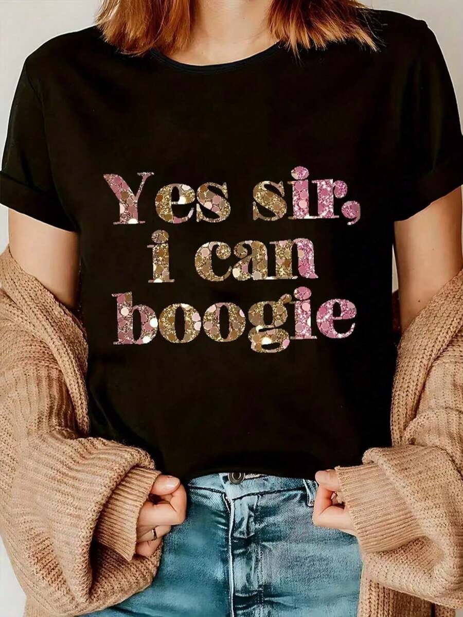 100% Pure Cotton Funny Women's T-Shirt "Yes Sir, I Can" Boogie T-Shirt IUDN - Black - View 1