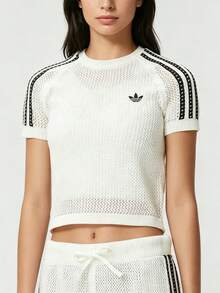 Adidas 女士舒适简约日常户外运动休闲短袖T恤，钩针编织短袖T恤 KE0200 - 漢玉白 - 查看 1