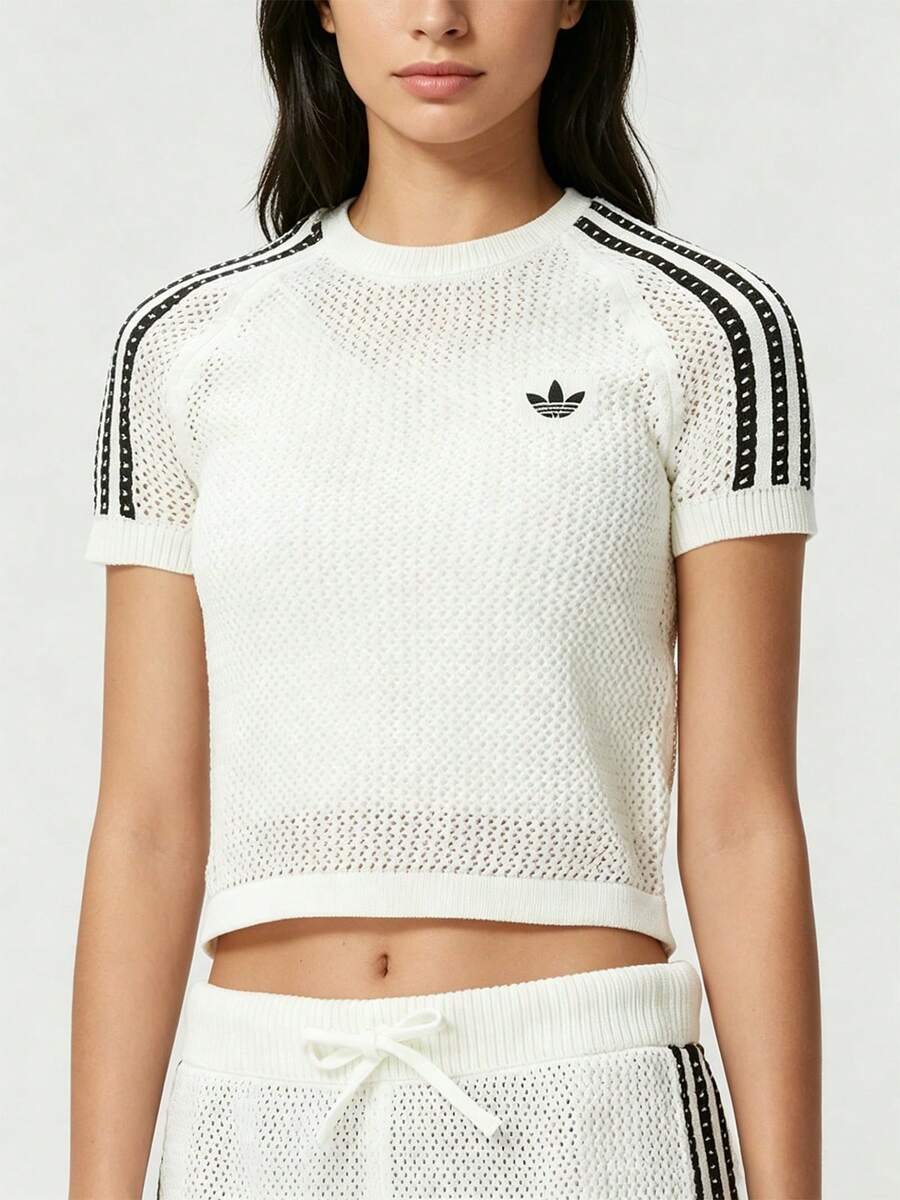Adidas 女士舒适简约日常户外运动休闲短袖T恤,钩针编织短袖T恤 KE0200 - 漢玉白 - 查看 1