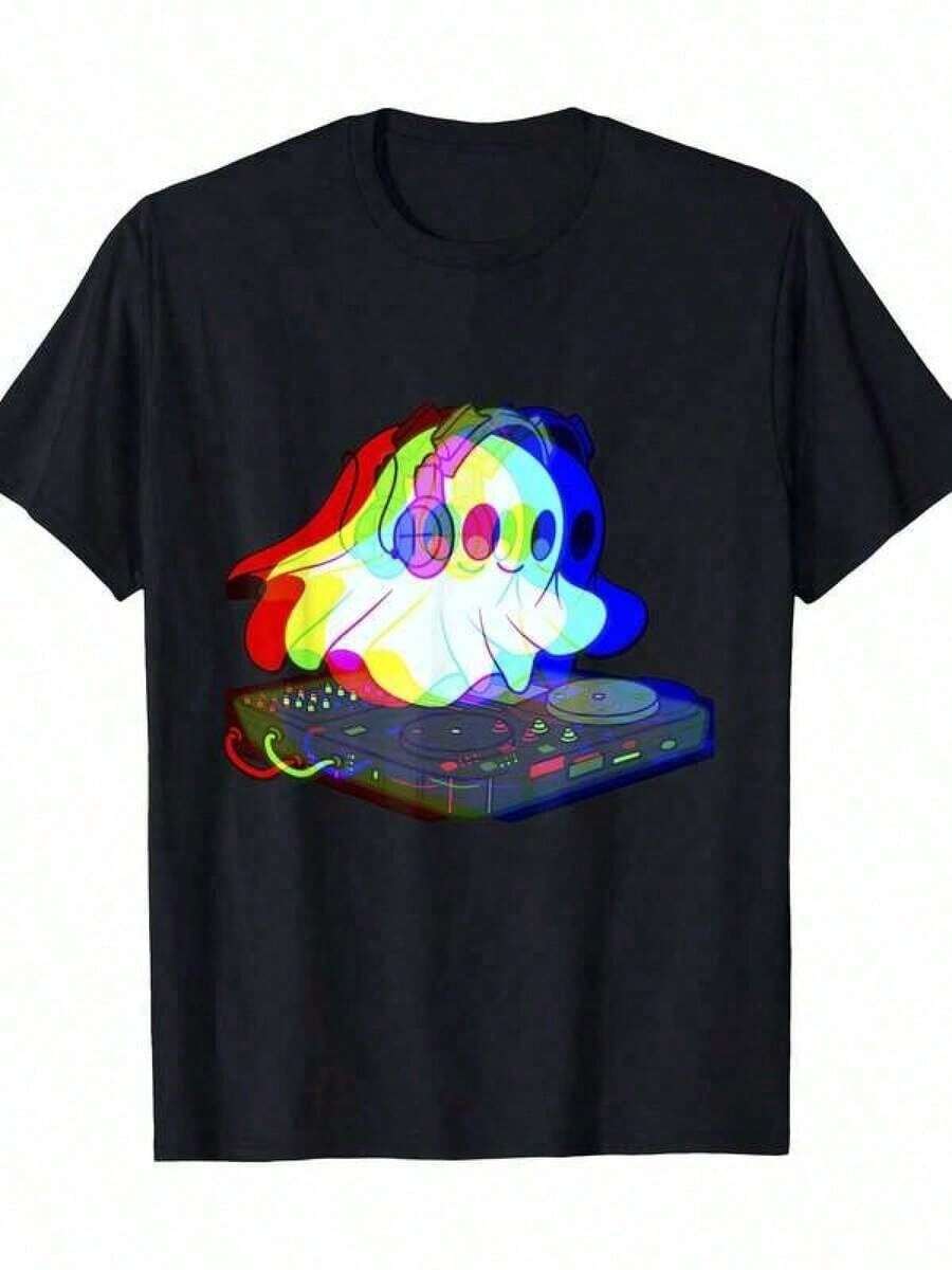 1 Piece Of 200g Short-Sleeved T-Shirt With Round Neck And Loose Fit, Designed By Y2K Era Artists With A Basque-Inspired Style, Made From 100% Cotton - 白色 - 查看 1