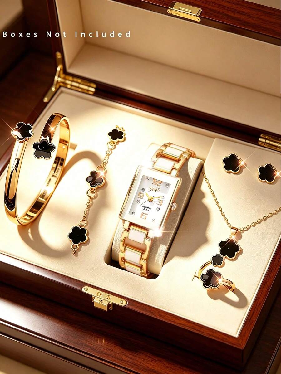 7件組時尚百搭女款石英手錶套組，搭配6件幸運花朵項鍊、手鍊、戒指、耳環珠寶套組，適合節日、派對、婚禮及日常配戴，可作為情人節和復活節送給母親的禮物 - 白色 - 查看 1