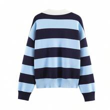 HH Women's Spring/Autumn Street Style Fashion Wide Striped Polo Collar Loose Fit Long Sleeve Halloween Sweater - Blue - View 11