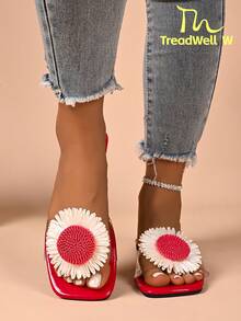 Women's 3D Floral Decor Everyday Versatile Fashion Flat Sandals - Red - View 3
