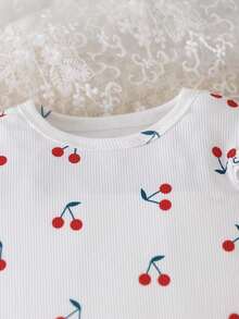 Infant New Year Red Cherry Print Bodysuit Set, Big Red Bow Hem Pants, 2 Pieces Baby Outfit - White - View 5