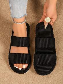 女款雙條紋露趾毛絨拖鞋,厚底時尚室內居家拖鞋,秋冬款,中性情侶風 - 黑色 - 查看 6
