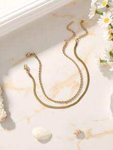 2pcs/Set Women's Anklet Set, Beach Vacation Layering Style, Non-Fading Non-Rusting Stainless Steel Women's Twisted Chain Flat Snake Chain Basic Anklet Set, Daily Accessory Gift - Yellow Gold - View 3