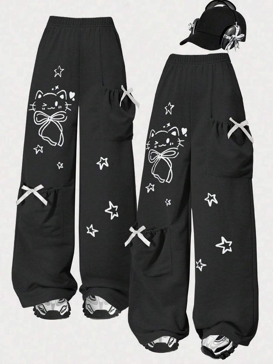 Girls' Casual Straight Leg Pants, Light Gray With Cute Cat & Star Print, Soft & Comfortable Fabric, Bow Pocket Design, Suitable For Spring, Summer, Autumn, Winter - Black - View 1