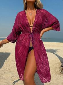 Women's Solid Color Jacquard Woven Off-Shoulder Long Sleeve Loose Fit Beach Cover-Up Vacation Summer - Burgundy - View 4