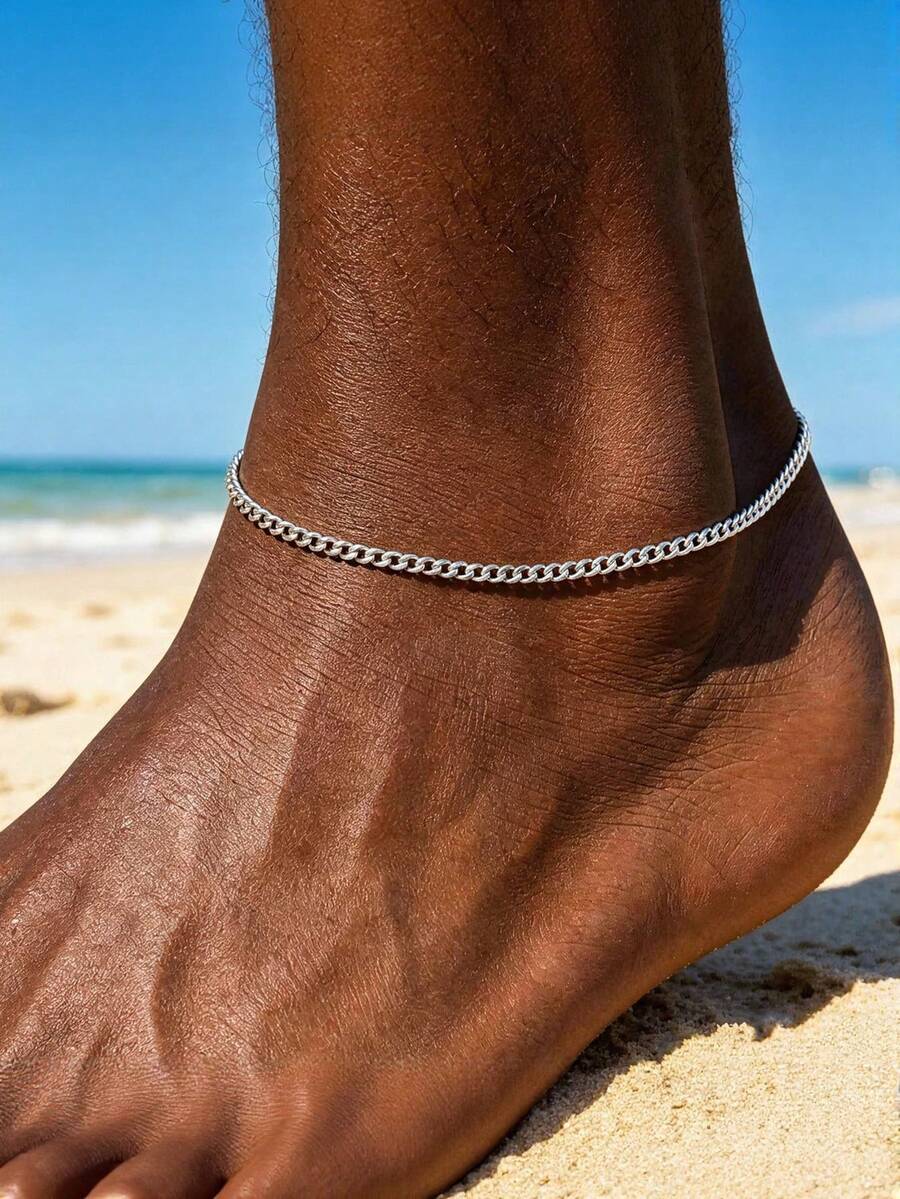MONALLY Hip Hop Style Cool Men's Stainless Steel Curb Cuban Chain Anklet For Men Adjustable Summer Beach Foot Jewelry For Casual & Street Outfits - Anklet - View 1