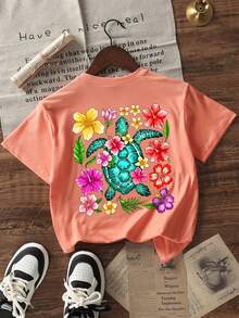 Soft And Breathable Round Neck Short Sleeve Casual T-Shirt For Little Girls, Suitable For Daily Wear And Vacation - Coral Orange - View 3