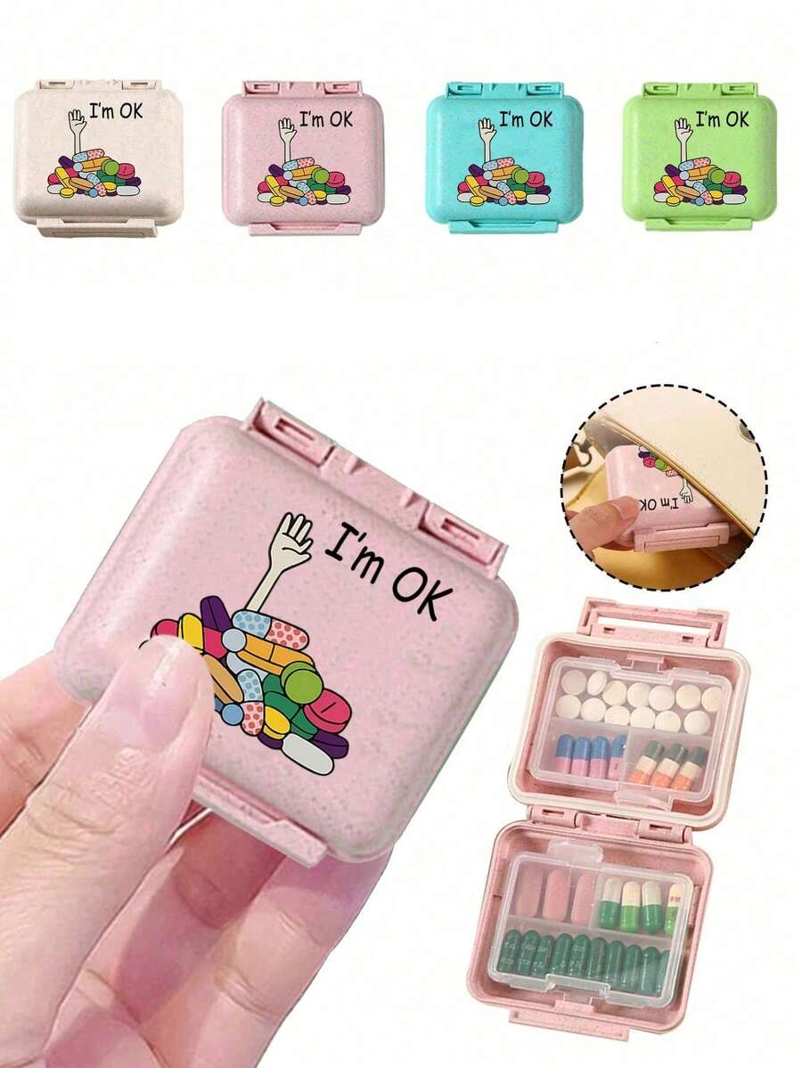 OBOVAY Mini 6-Compartment Portable Pill Box, Medicine Storage Box, Travel Pill Box, 6-Compartment Small Pill Box Printed With "My Pill Bag" And Pill Pattern, Sealed Pill Storage Box, 6-Day Weekly Storage Box, Travel Pill Storage Box, Daily Vitamin Pill Box, Pocket Pill Storage Box, Mini Storage Box, Home Essential, Travel Essential - Multicolor - View 1