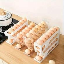 1PC 3-Tier Automatic Rolling Sliding Refrigerator Storage Rack - Heavy Duty Transparent Plastic Space-Saving Shelf, Non-Slip Design, Manual Operation (No Battery Required), Suitable For Refrigerator, Pantry And Behind Door Storage - Compatible With Eggs And Other Items (Drawer-Style Cabinet Rack) - Multicolor - View 7