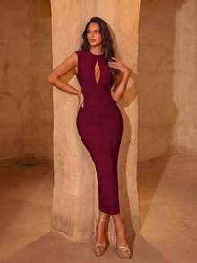 ADYCE Elegantes ärmelloses Partykleid mit Rundhalsausschnitt, hoher Taille, Rückenschlitz, engem Oberteil und mittlerer Länge für Abschlussball, Abendveranstaltung, Date, Homecoming-Party, Hochzeit und Weihnachten - Bordeaux - Übersicht 1