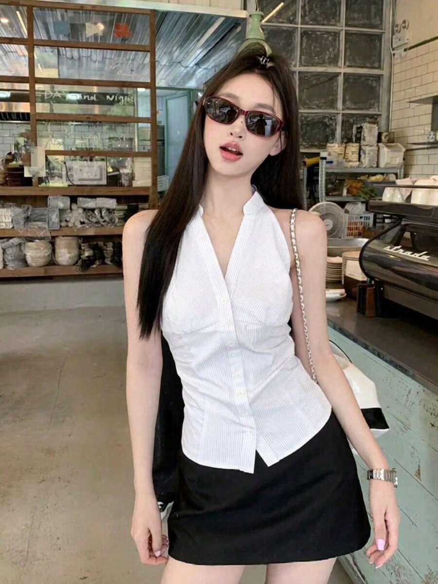 法式風格收腰條紋無袖女款夏季修身短版掛脖上衣 白色 - 白色 - 查看 1
