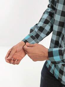 Men's Casual Long-Sleeved Plaid Shirt - 薄荷藍 - 查看 5