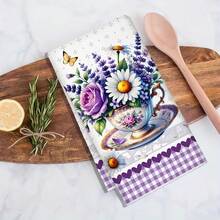 2 Packs Floral Kitchen Towels: Lavender & Butterfly Designs. Absorbent, Quick-Dry, Lint-Free Polyester Microfiber, Machine Washable. Perfect For Cleaning, Drying Dishes & Vintage Garden Decor. - Multicolor - View 3