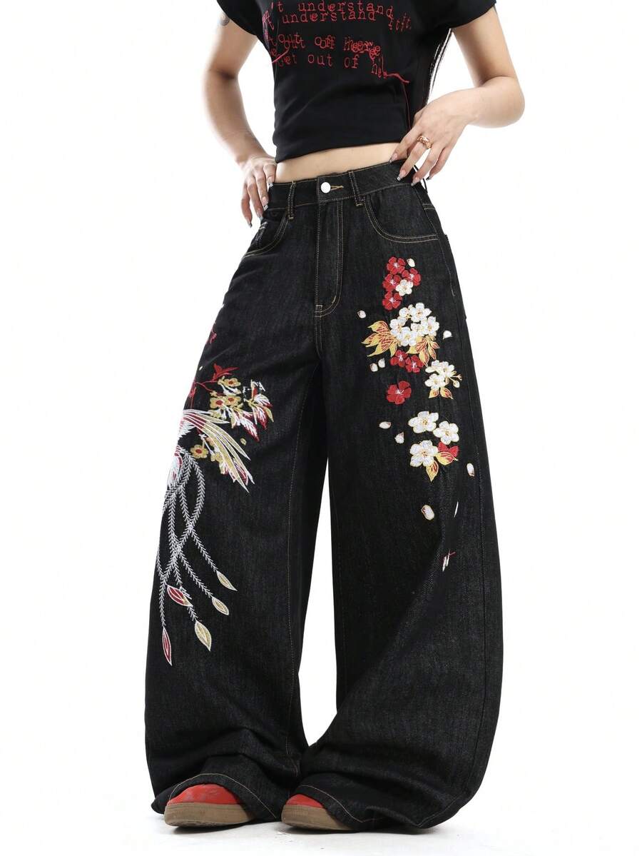 女款美式復古刺繡寬腿牛仔褲，寬鬆街頭風休閒四季日常長褲