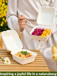 50 piezas Contenedores de comida compostables con bisagra de 6 pulgadas, contenedores portátiles, cajas de comida para llevar de un solo compartimento cuadradas hechas de fibra de caña de azúcar, contenedores de comida para llevar. Adecuados para ensalada, almuerzo, bento, fruta, pastel y talla grande. Color/Estilo aleatorio - Multicolor - Ver 2