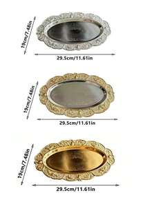 1pc French Vintage Relief Gold & Silver Rimmed Tray, Luxury Metal Jewelry Dish, Desktop Fragrance & Cosmetic Organizer, European Carved Metal Oval Tray, Vintage Relief Gold Rimmed Display Plate, Luxury Style Relief Pattern Metal Dish, Gold & Silver Contrast Design, Desktop Aromatherapy Jewelry & Afternoon Tea Tray - Multicolor - View 2