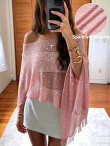 Áo khoác ngoài gợi cảm đính sequin tua rua trễ vai dành cho nữ, trang phục đi biển. - Màu Hồng baby - Xem 3