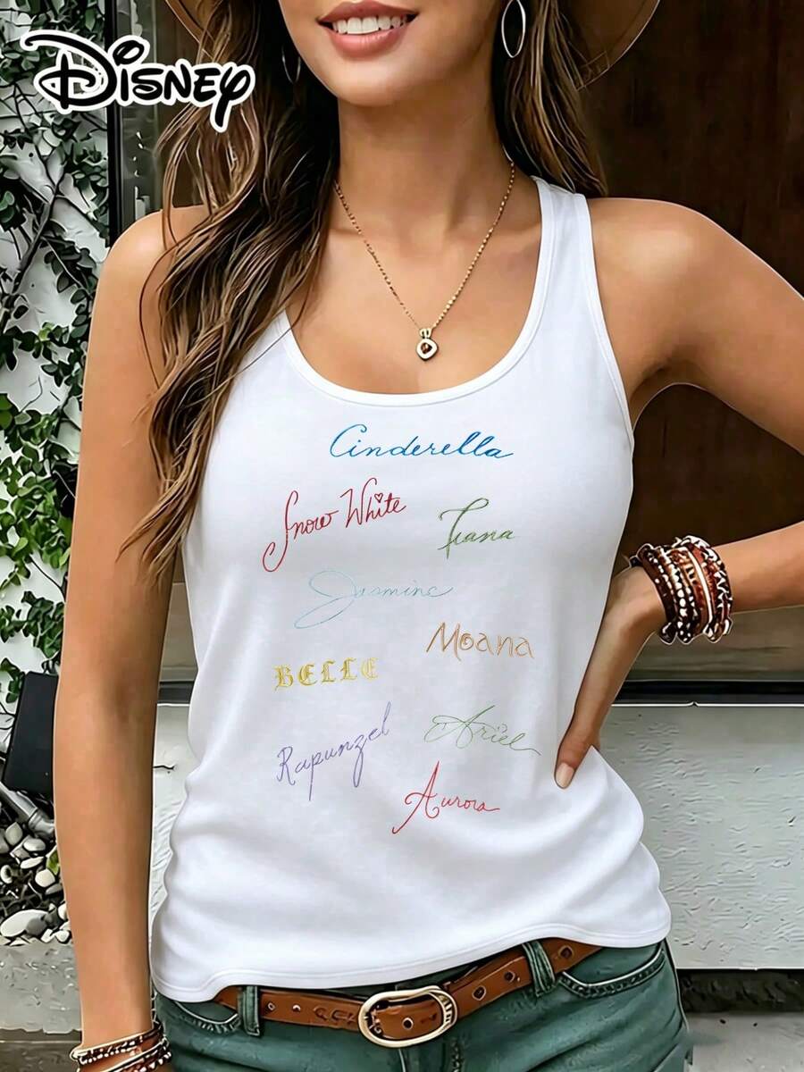 Disney Official Authorization| Women's Round Neck Sleeveless Vest The Print Features Handwritten Disney Princess Names In Different Colors - White - View 1