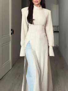 Women's Elegant Minimalist Stand Collar Long Sleeve High Slit Long Top Robe (With Shoulder Pads) Solid Color Back Tie High Slit To Thigh Long Top, Suitable For Daily Wear And Dating In Autumn/Winter - Apricot - View 10