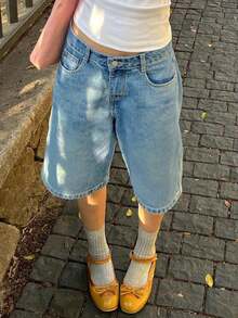 Women's Casual Knee-Length Wide Leg Loose Bermuda Denim Shorts, Suitable For Vacation, Beach, Country Music Festivals, Etc. Summer - 中等水洗藍 - 查看 6