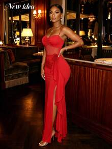NEW IDEA Women's Sexy Elegant Red Spaghetti Strap Long Summer Dress, Ruffled Slit Mermaid Evening Gown For Summer Wedding, Prom, Night Out & Party - Red - View 6