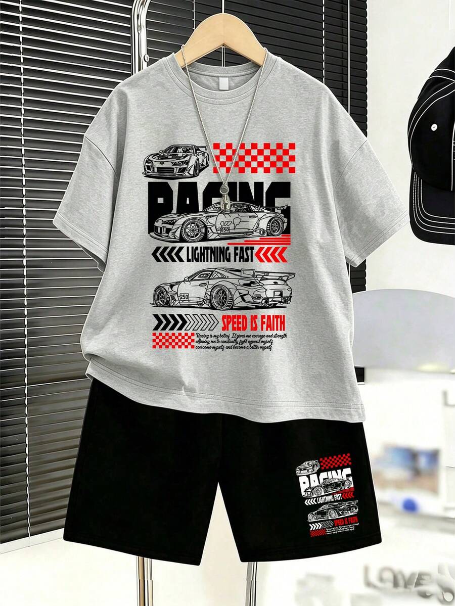 2pcs/Set Kaos Lengan Pendek Kerah Bulat Kasual Bergambar untuk Anak Laki-laki dan Celana Pendek Olahraga, Motif Tema Balap, Pakaian Musim Panas untuk Anak Laki-laki, Cocok untuk Olahraga dan Pakaian Kasual - MultiWarna - View 1