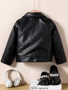 Chaqueta de motocicleta informal con cremallera y manga larga de unicolor para niña preadolescente, primavera y otoño - Negro - Ver 2