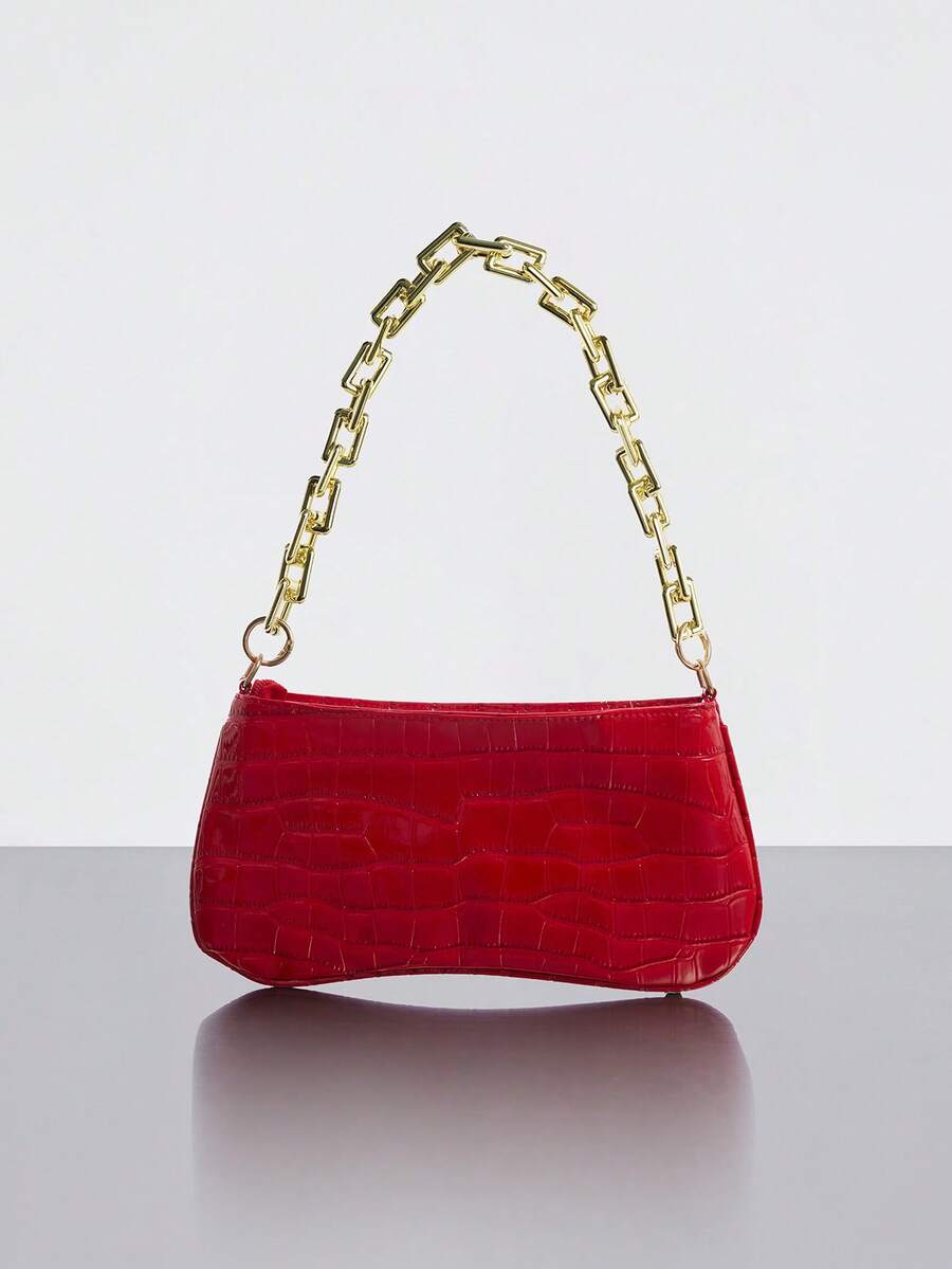 Rollcall Gold Chain Decor Underarm Baguette Crossbody Bag - Red - View 1
