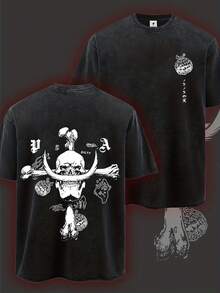 Camiseta Lavada para Hombre - Estampado Anime Y2K, Estilo Retro Americano INS, Única y de Corte Holgado, Diseño de Calaveras, Huesos Cruzados y Bandera Pirata, Camisetas Vintage para Hombre, - Blanco - Ver 1