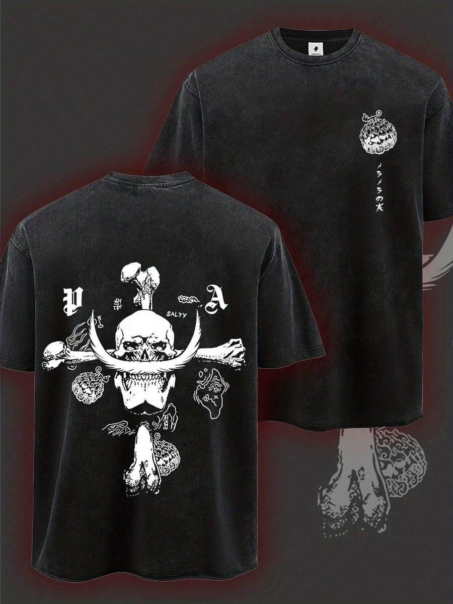 Camiseta Lavada para Hombre - Estampado Anime Y2K, Estilo Retro Americano INS, Única y de Corte Holgado, Diseño de Calaveras, Huesos Cruzados y Bandera Pirata, Camisetas Vintage para Hombre, - Blanco - Ver 1