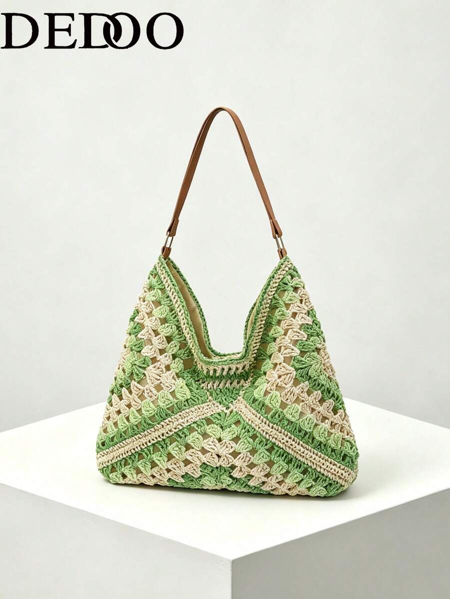 Dedoo Handmade Woven Grandma Plaid Large Capacity Tote Bag For Women, Crochet Bags
