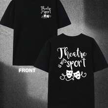 Camiseta de hombre% algodón, estampada por ambos lados, sin diseño en la parte delantera, y con el divertido texto en cursiva El teatro mi deporte en la parte trasera, acompañado de - Negro - Ver 6