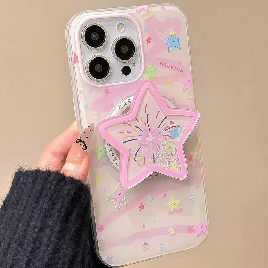 1pc Cute Pink Star Magnetic Phone Stand, Colorful Fireworks Acrylic Phone Grip, Fun Rocking Accessory With Girly Charm