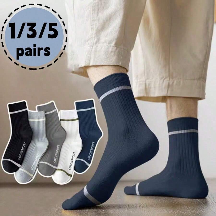 1/3/5 par klassiska affärssockor för män i enfärgad vertikalrandig design, vårsommar/höst, mittkalv, mångsidiga herrstrumpor - Multifärgad - Visa 1
