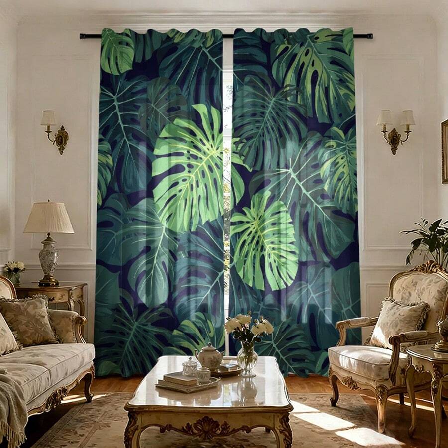 2pcs Polyester Tropical Palm Leaf Print Light Filtering Curtains, Suitable For Bedroom, Living Room, Office And Home Decor, Rod Pocket Design, Suitable For Rod Mounting - Multicolor - View 1