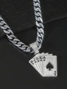 中性嘻哈鏈時尚全水鑽撲克吊墜項鍊，百搭，送給朋友和家人的最佳禮物 - 多色3 - 查看 8