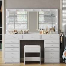 Yanosaku 55" W Vanity Desk With Lighted Mirror, Makeup Vanity Featuring Charging Station, 15 Drawers, 3 Lighting Modes & Adjustable Brightness, Glass Top, Includes Chair For Bedroom - 查看 1