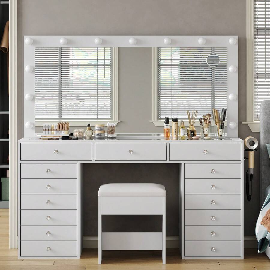 Yanosaku 55" W Vanity Desk With Lighted Mirror, Makeup Vanity Featuring Charging Station, 15 Drawers, 3 Lighting Modes & Adjustable Brightness, Glass Top, Includes Chair For Bedroom - 查看 1