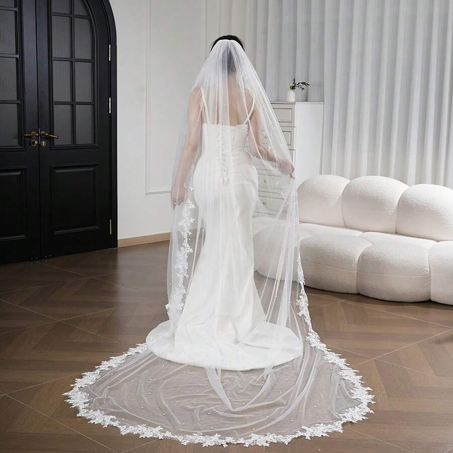 1pc Exquisite Romantic Personalized Elegant Luxurious Long Cathedral Length 300cm Lace Trim Pearl Bridal Veil With Hair Comb - Multicolor - View 1