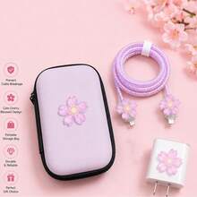6pcs Pink Tulip Pattern Data Cable Protector + Storage Pouch, Apple Charger Protector & Cable Organizer, Halloween Gift For Summer Holiday Travel, Outdoor Activities Travel Essentials - Tulip - View 9