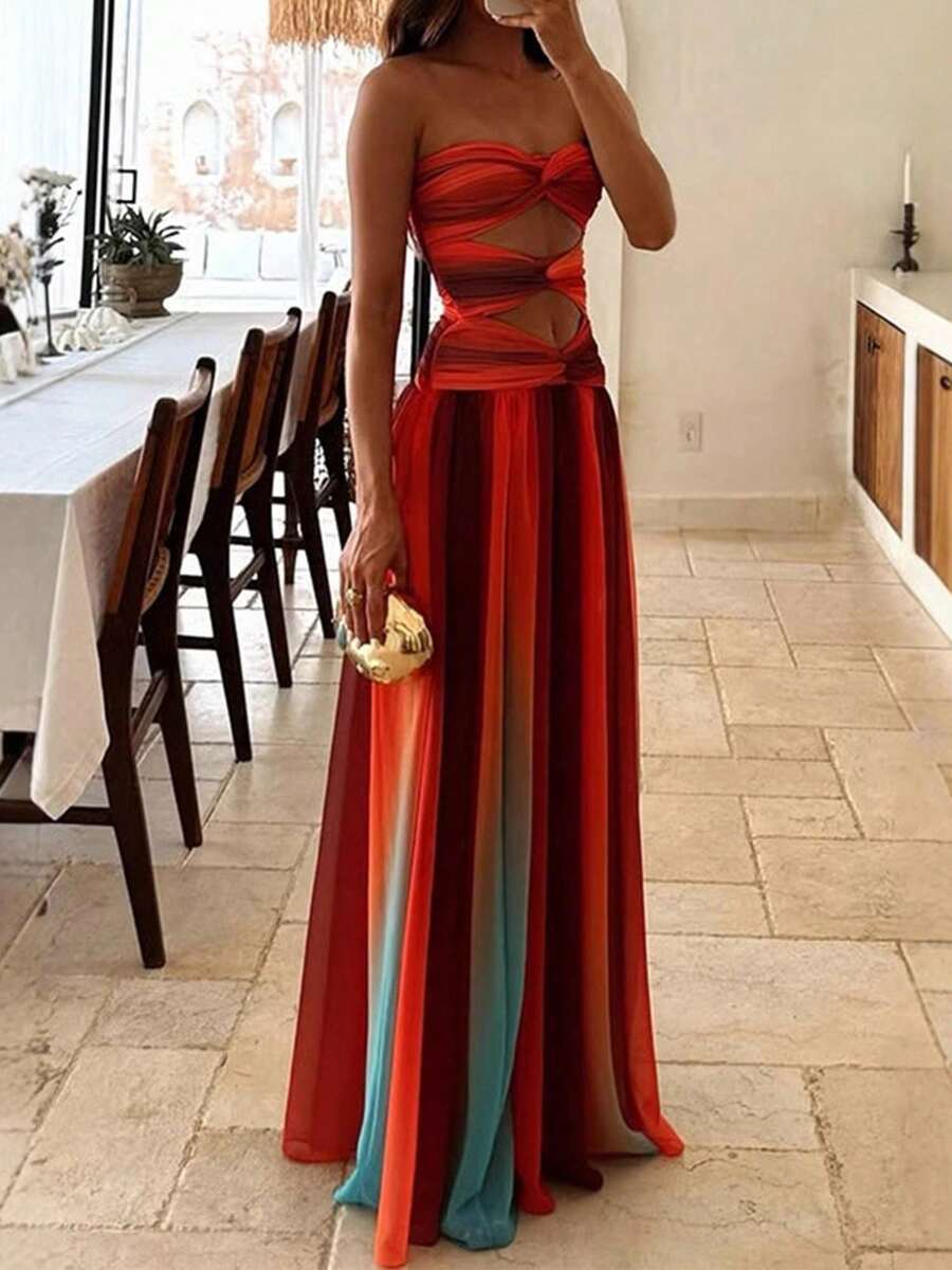 Strapless Tie Dye Maxi Dress For Women, Gradient Hollow Out Off Shoulder Flowy Long Dress, Elegant Summer Party & Graduation Dress - 橘子 - 查看 1