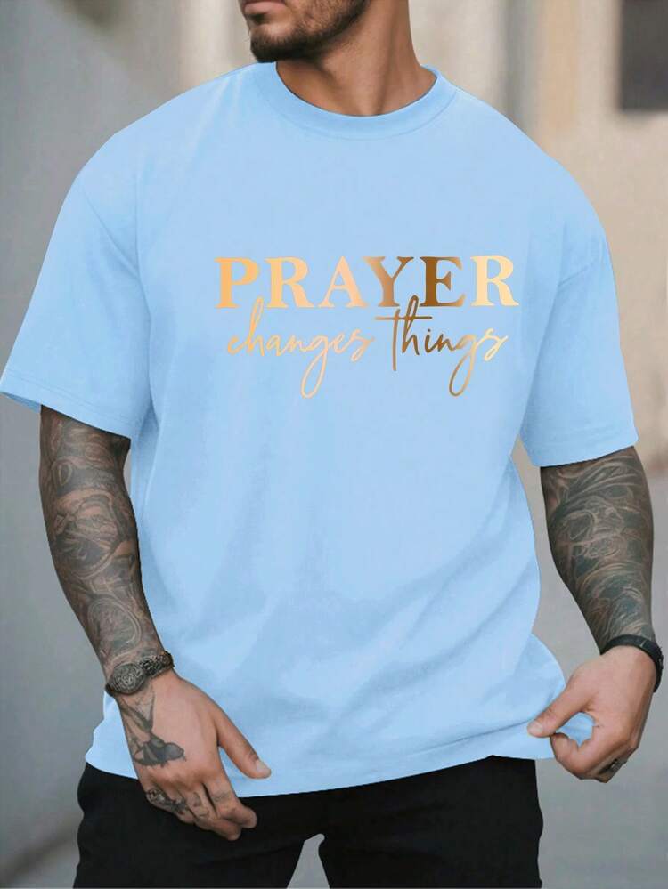 Camiseta Casual de Talla para Hombre, con la Frase La Oración las Cosas, Patrón Geométrico, Cuello Redondo, Manga Corta, Moda de Verano, Tejido de Punto, Poliéster, Top Unisex para Adultos - Blanco - Añade 11