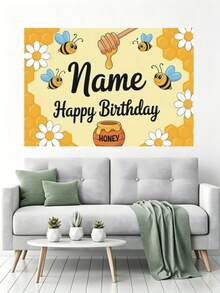 1pc Customizable Bee Themed Birthday Party Backdrop, Cute Cartoon Honeycomb Daisy Personalized Birthday Party Name Design Party Banner Decoration Prop, Vinyl,Party Top, Vibrant Party Banner - E - View 6