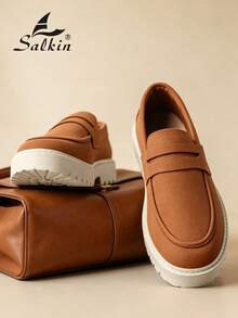 Salkin 奢華設計師男士一腳蹬便士樂福鞋 正品品牌 素色啞光皮革休閒男鞋 平價奢華適合現代生活 柔軟舒適 防滑耐磨鞋底 時尚優雅紳士社交鞋 百搭西裝 學生畢業典禮大學風運動鞋 派對宴會度假禮物 春夏秋男鞋 - 卡其色 - 查看 8