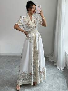 Short-Sleeved Dress With Floral Print And Fitted Waist In A Bohemian Style - 鵝黃色 - 查看 4