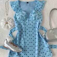 Yunuo Menswear  2026 Nuevo vestido mini de mujer con estampado de lunares y volantes en el bajo, vestido de verano color amarillo pálido, vestido de fiesta, vestido de Pascua, - Café integral - Ver 2
